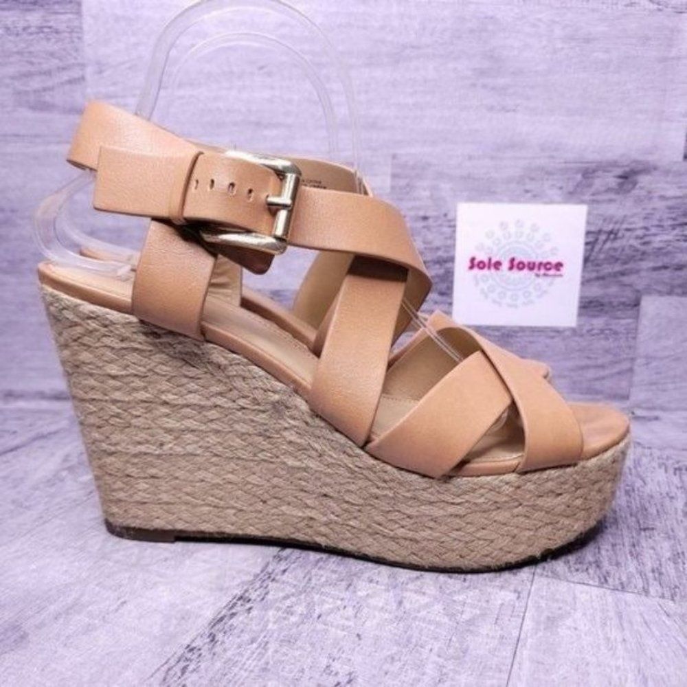 Michael Kors Celia Wedge Leather Cross Strap Sandal Luggage Brown Women's 9.5